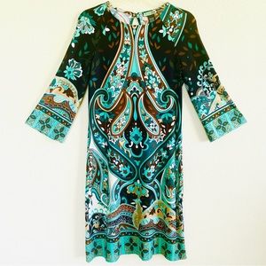 Retro Multicolor Mixed Pattern Sheath Dress with 3/4” Flare Sleeves